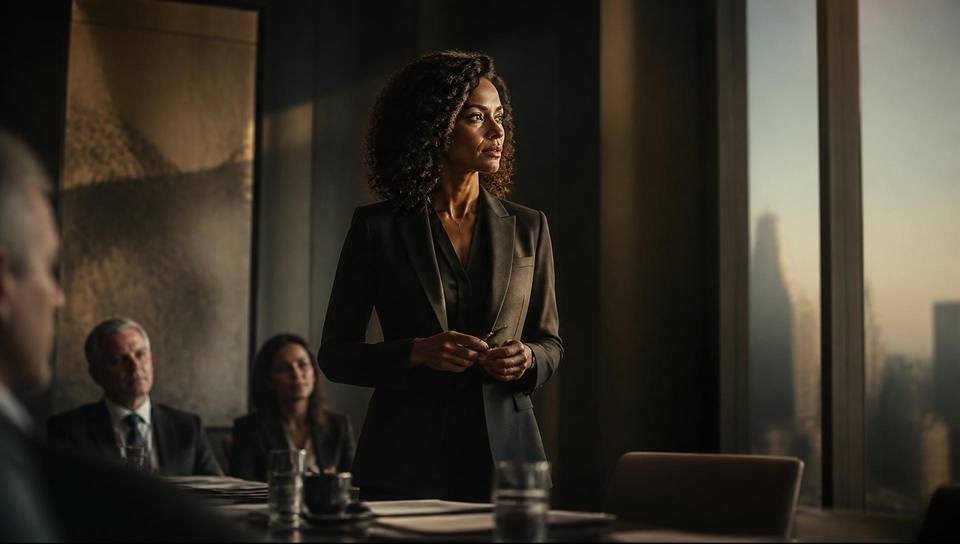 Liderança conduzindo uma conversa de equipe em sala de reunião iluminada